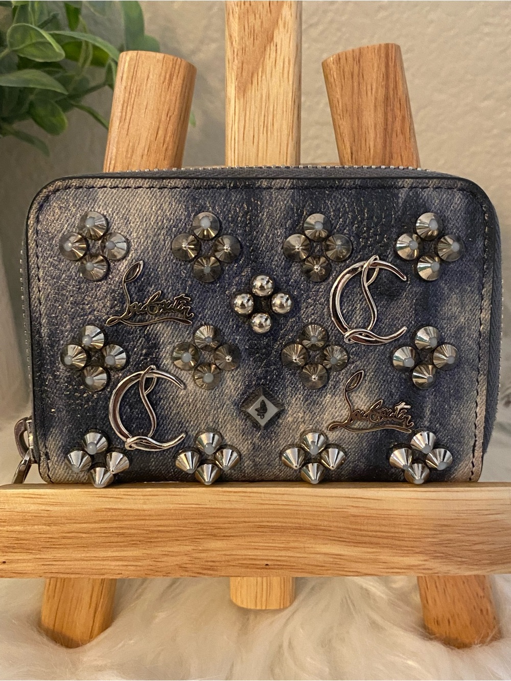 Christian Louboutin Panettone Denim look leather Studded coin purse wallet - Picture 2 of 13